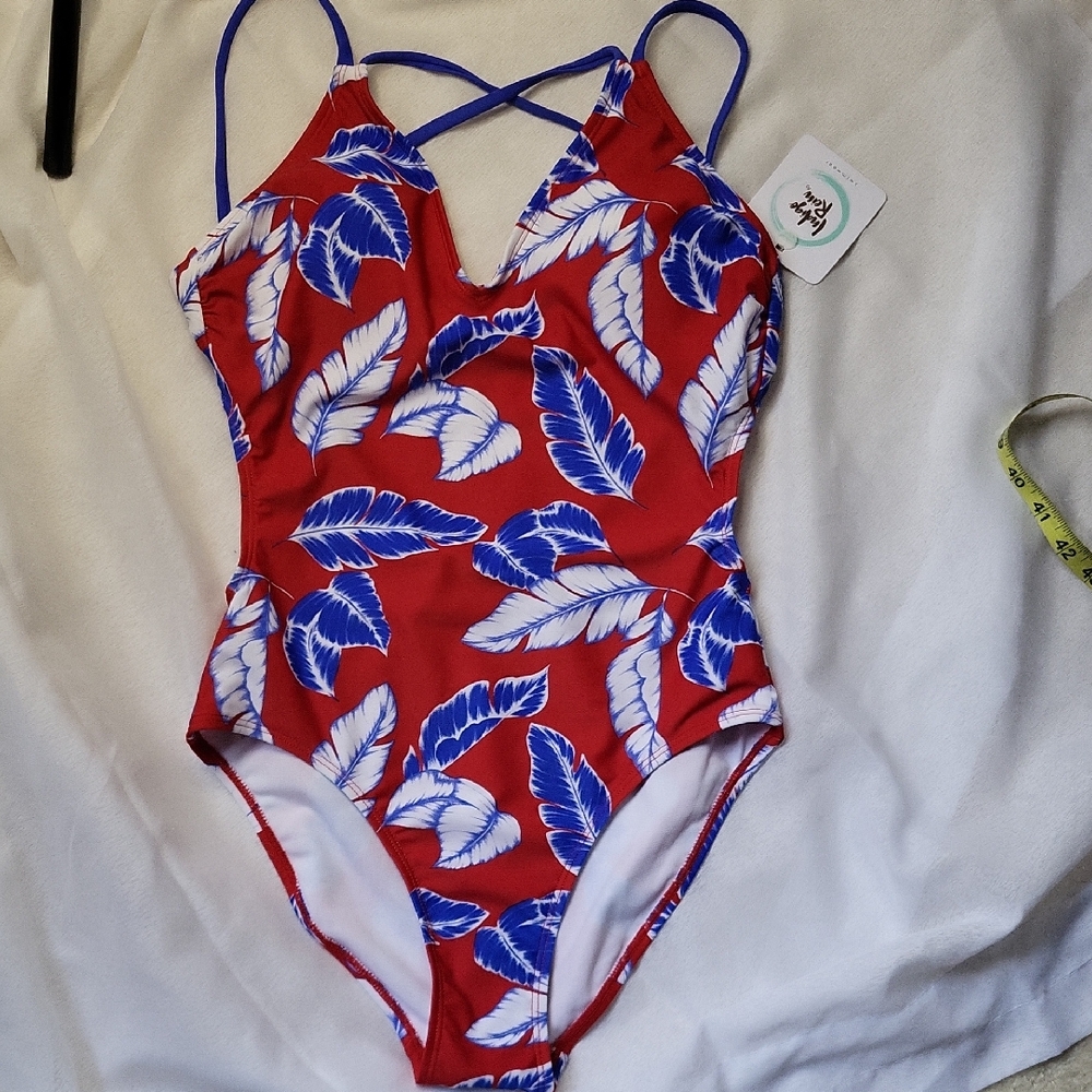 New Indigo Rein Red and Blue Feather Print One Piece Swimsuit Size M